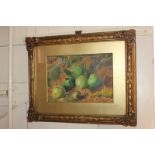 E Minot (Victorian school), still life of green apples amongst earth and moss, watercolour, signed
