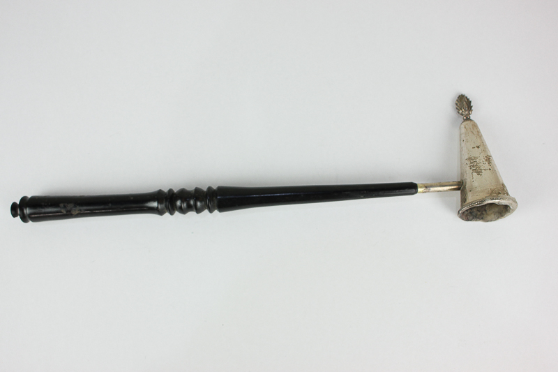 An Elizabeth II silver candle snuffer with dark wood handle, maker A J Poole, Birmingham 2001