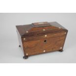 A Victorian rosewood tea caddy, sarcophagus shape with mother of pearl inlay, (converted