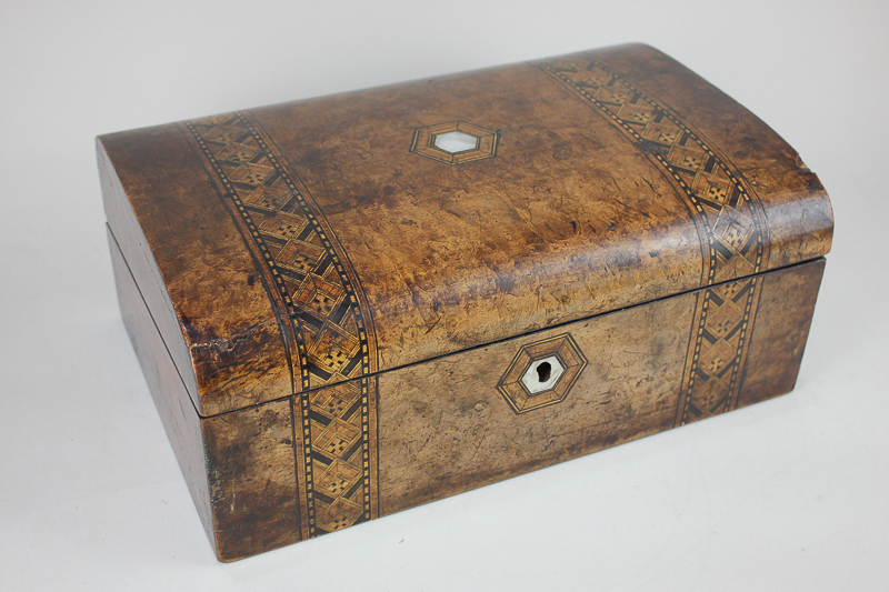 A Victorian inlaid walnut writing slope, domed top with inlaid banding, enclosing fitted interior
