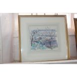 J B Mansion, view of buildings and river through trees, watercolour, signed, Rowley Gallery label