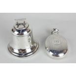 A Victorian silver hip flask, maker FS Birmingham, 1899, together with a silver bell shaped inkwell,