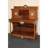 A Victorian oak amboyna and gilt metal mounted side cabinet with a porcelain mounted gallery above a