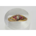 A late 19th century old cut diamond, ruby and blue enamel ring