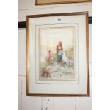 Fanny Mearns (19th century), two children beside a billy goat, watercolour, signed, 29cm by 19.5cm