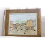 20th century British school, naive scene of figures in a town square, church spire beyond,