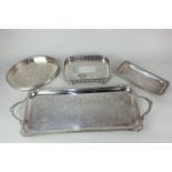 A silver plated rectangular two-handled tray with engraved decoration and gadrooned border, 52cm,