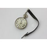 A steel cased Services Army pocket watch, engine turned case, Roman numerals, subsidiary seconds