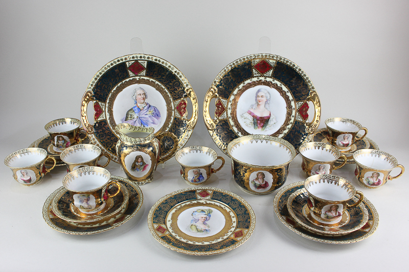 A 19th century Vienna porcelain part tea service, each piece with a portrait of French nobility,