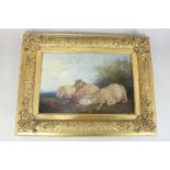 19th century school, three sheep resting in a bucolic landscape, oil on canvas, unsigned, paper