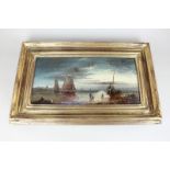 19th century school, sailing vessels beneath a full moon, distant shoreline, oil on canvas,