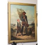 A Sheerboom (19th century), fisherman with his catch beside a young boy holding a fish, coastal view