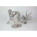 A silver plated model of a greyhound, 15cm, another of a kangaroo, and a model of a cockerel, 12cm