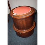 A Victorian mahogany circular commode with upholstered top, 42cm, with blue and white porcelain