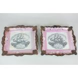 Two Sunderland pottery pink lustre ware ship wall plaques, each with motto 'May Peace & Plenty on