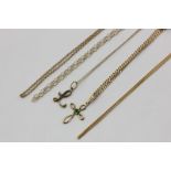 Five various 9ct gold neck chains and an emerald cross pendant, 16.4g