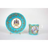A Sevres porcelain cabinet cup and saucer, the cup with three oval portrait panels of Louis XV, Mde.