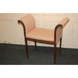 An Edwardian Sheraton style satinwood and painted stool, with scrolled arms and square tapered legs,