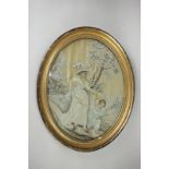 A 19th century framed silk needlework and painted oval panel depicting a woman and child before