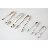 Five George VI silver sugar tongs, makers including Frank Cobb & Co, Sheffield 1939, Emile Viner,