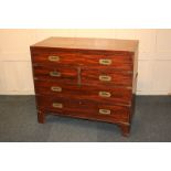 A brass mounted mahogany campaign secretaire chest, in two sections, the top with fold down