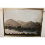 19th century school, view across a lake towards distant mountains, figure in a boat in the