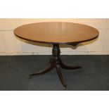A Victorian mahogany loo table with oval tilt-top on fluted baluster support and four outswept