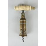 A 19th century Edward Thomason corkscrew, the bone handle with brush, the brass barrel mounted