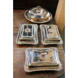 A matching set of three silver plated tureens and covers, rectangular shape with cushion shape