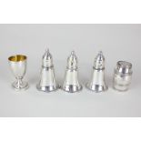 Three American white metal peppers marked Sterling Weighted Duchin Creation, an unmarked barrel