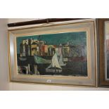 Jose Christopherson, harbour view, town beyond, oil on board, signed, 42cm by 77cm