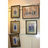 Five framed Chinese painted silk panels depicting figures in traditional costume, largest 18cm by