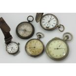 Three silver watches, a compass, and a stopwatch