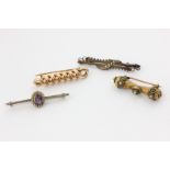 An amethyst and seed pearl bar brooch, a 15ct gold and split pearl bar brooch, and two other gold