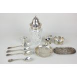 An Edward VII silver topped glass sugar caster, a novelty pepper pot in the shape of a flagon, a
