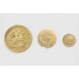 A George III full sovereign, a Guatemala small gold coin, and a silver gilt dollar