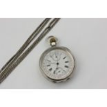 A Swiss silver Omega Railway open face pocket watch with stop watch, subsidiary seconds, date dial