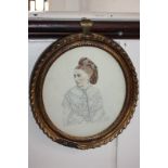 Victorian school, portrait of a young lady with auburn plaited hair and ribboned gown, pencil and