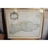 A 17th century framed Robert Morden coloured map of Sussex, 38cm by 44cm