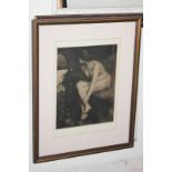 A monochrome print depicting a bathing nude, Rowley Galleries label verso, 23cm by 18cm