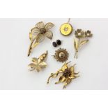 Two 9ct gold and garnet floral brooches, two 9ct gold and pearl brooches, a gold and diamond brooch,