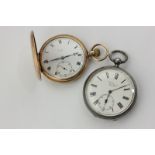 A 9ct gold hunter cased pocket watch, indistinctly signed dial, and a J W Benson silver open face