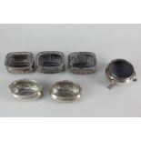 Three George V silver salts, rectangular shape with demi fluting, Birmingham 1910, a pair of