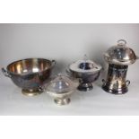 A silver plated dish warmer, cylindrical form with spirit burner, together with a circular hot plate