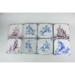 Two pairs of 19th century Delft pottery wall tiles, each depicting a man on horseback in blue and