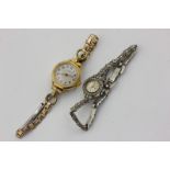 A silver and marcasite watch, and a rolled gold Oris bracelet watch
