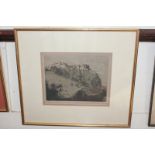 Alex Wilson, castle atop a rocky surmount, etching, signed in pencil, 18cm by 22.5cm