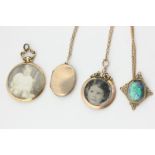 A black opal pendant on a trace link chain, three various lockets, and one chain