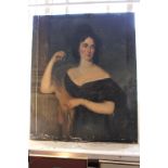 19th century school, portrait of a lady with brown hair and eyes, one arm raised, oil on canvas,