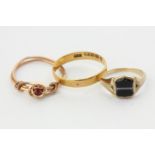 A 22ct gold wedding ring, 2.2g, a banded agate signet ring, and a gold two band ring